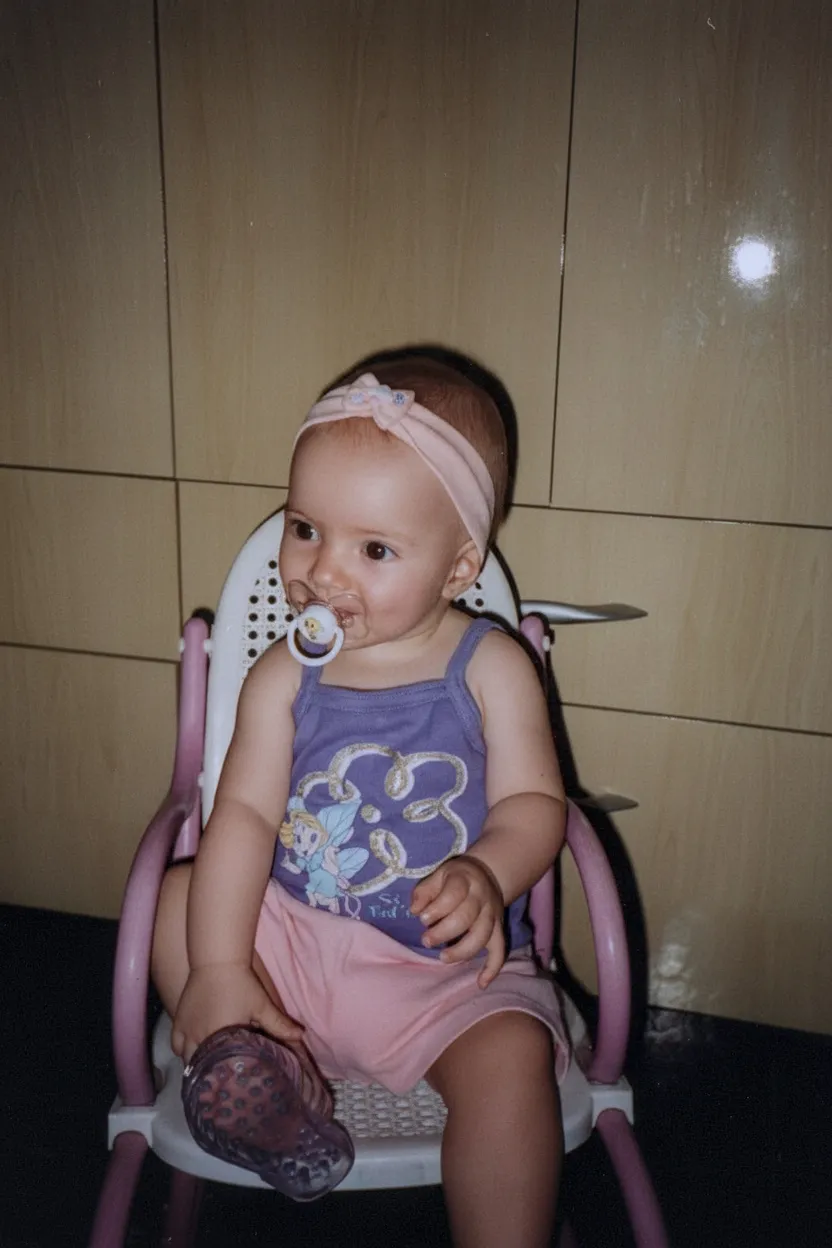 Bebê caucasiano com laço rosa na cabeça, babador e uma blusa roxa, sentado em uma cadeira de alimentação.