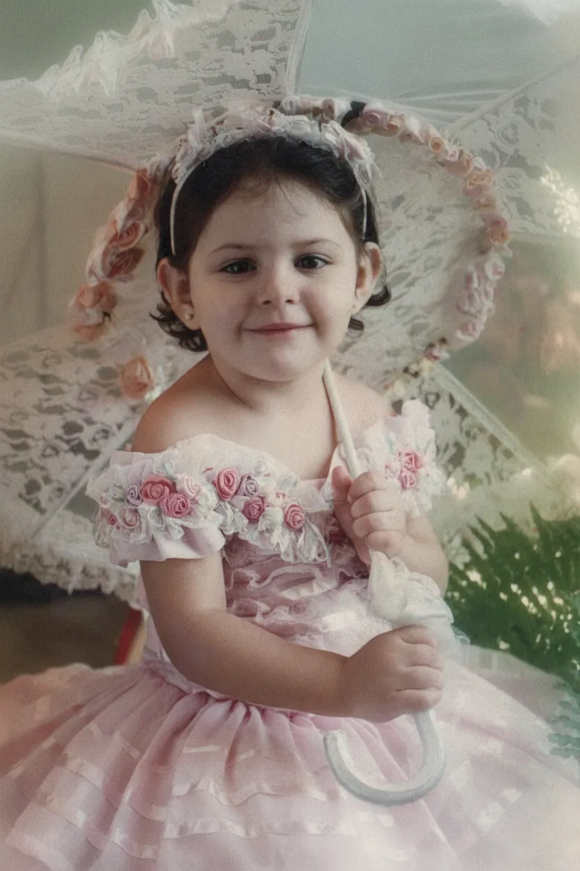 Uma jovem garota com cabelos escuros e um sorriso no rosto, vestindo um vestido de renda rosa pálido e segurando um chapéu de sol de renda branco, sentada contra um fundo de folhagem verde.