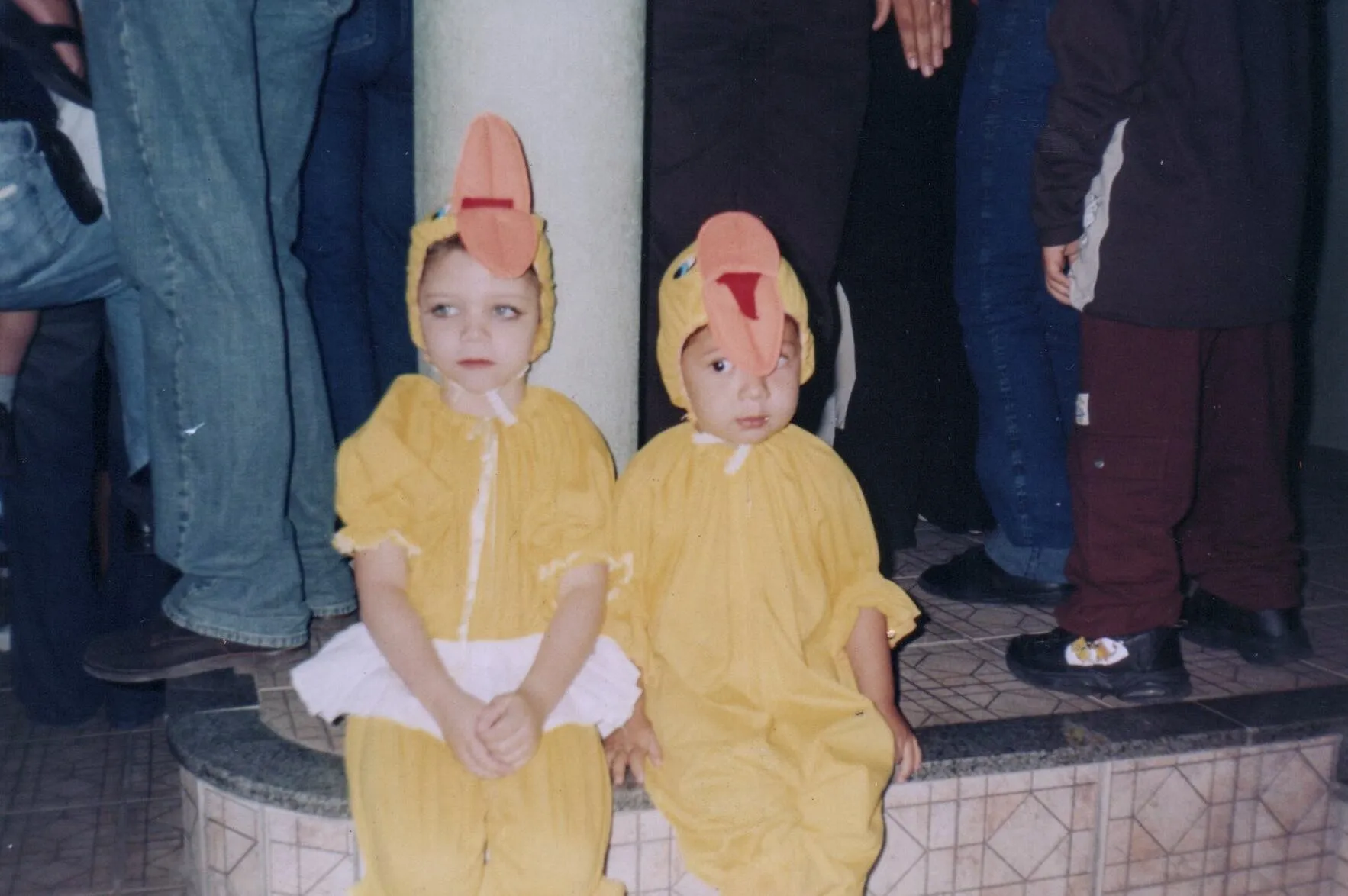 Duas crianças em fantasias de pintinho amarelo, a da esquerda com uma saia de tutu branca e a da direita ajoelhada.