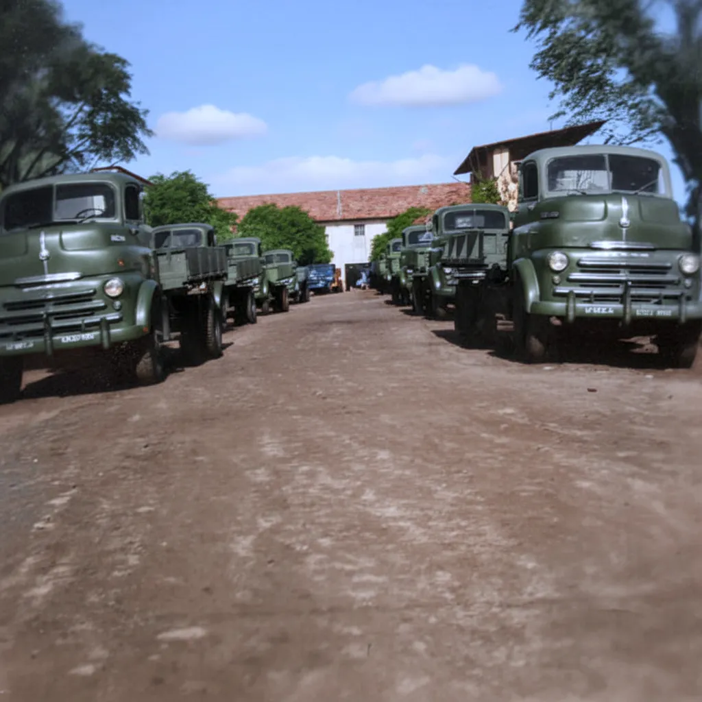 Dois comboios de veículos militares verdes em uma estrada de terra sob um céu azul, com árvores e prédios ao fundo.